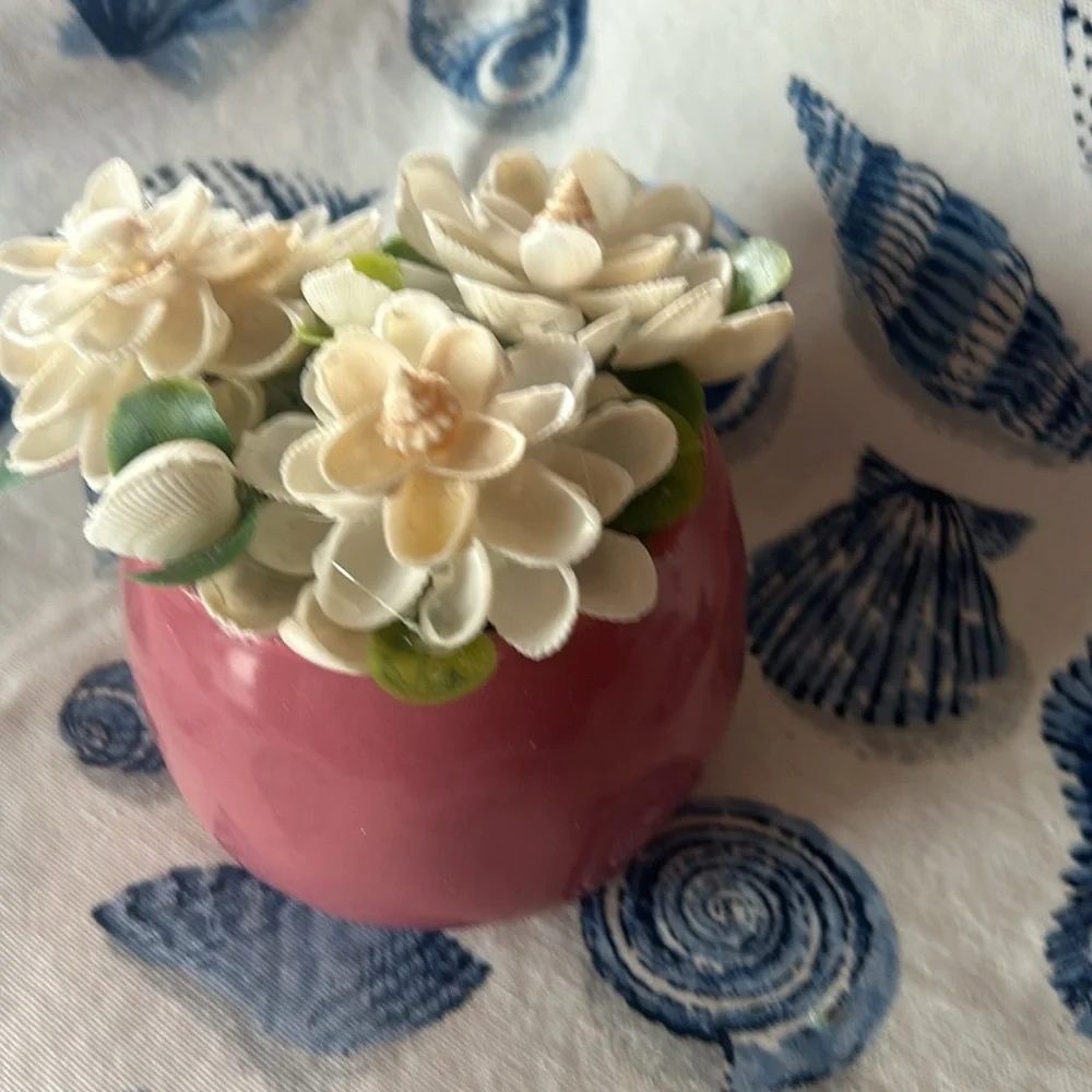 Hand crafted sea shell flowers arrangement in a‎ Rae Dunn pot